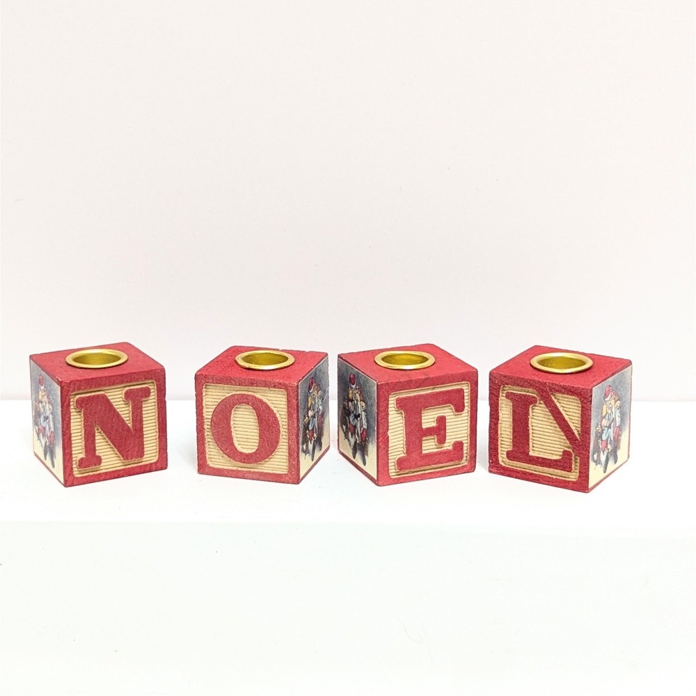 Vintage NOEL 1" Wood Letter Blocks Candle Holders Christmas Shelf Decor Taiwan